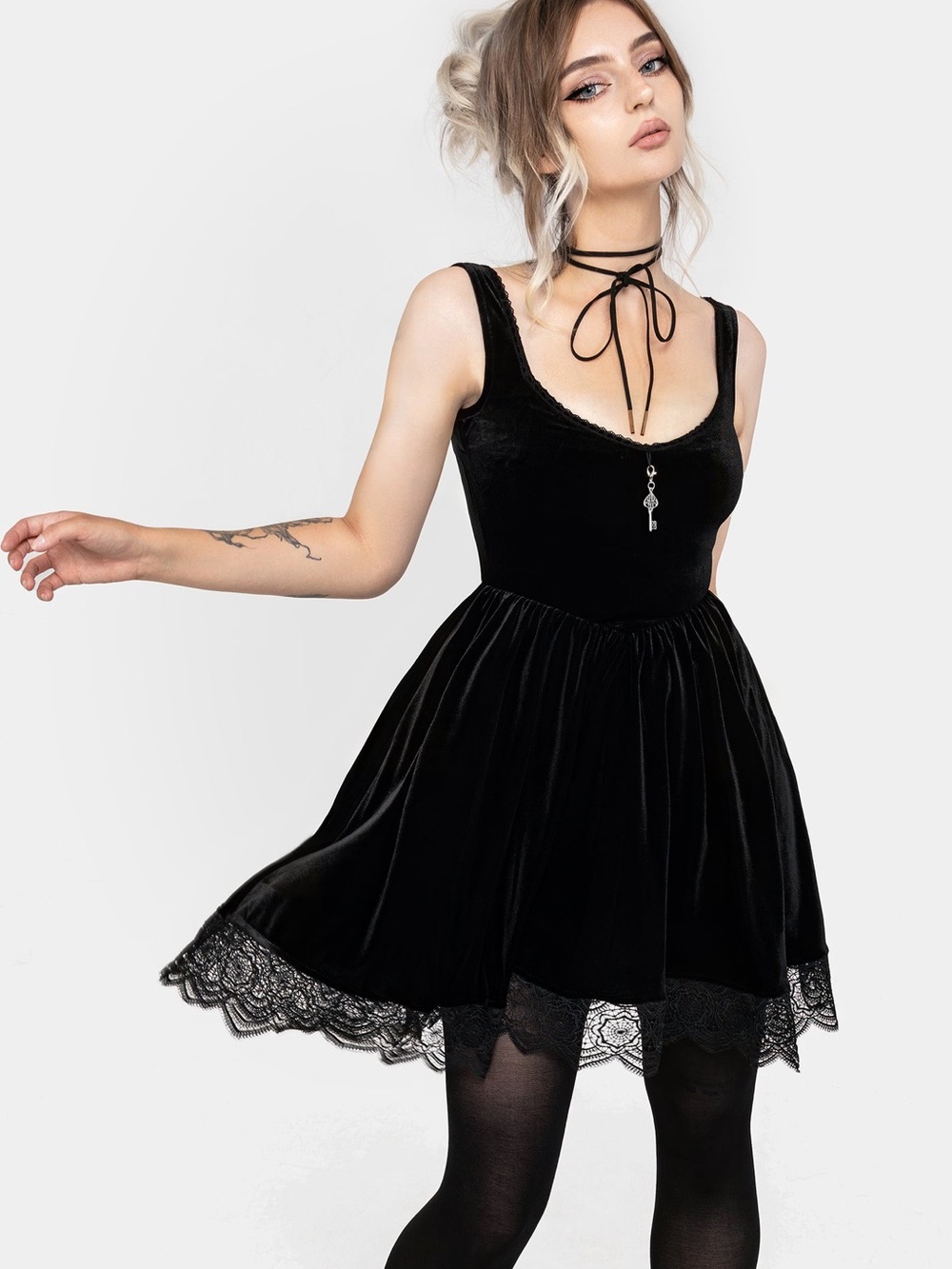 Disturbia Women’s Orbweb Lace Hem Velour Mini Dress Whimsy Goth in Black 8